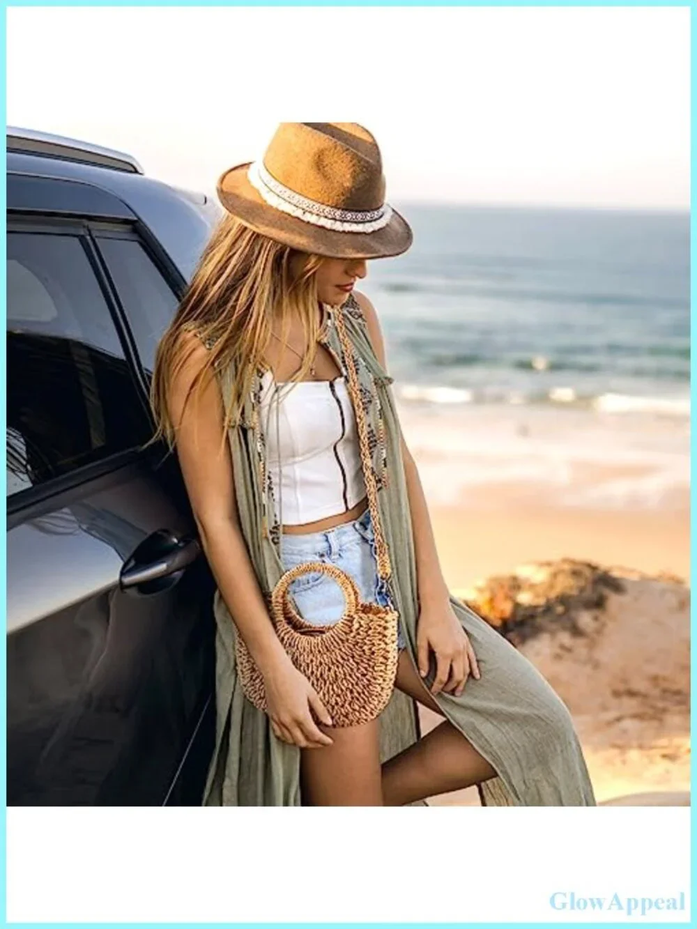 Boho Straw Handbag Semi-Circle Rattan Tote with Drawstring Closure